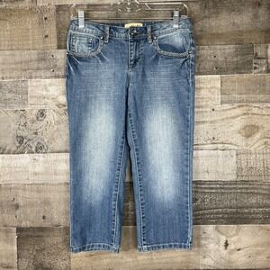 Mudd‎ Capri Jeans Youth Girls Size 14 Blue Embroidered Distressed Denim Bling